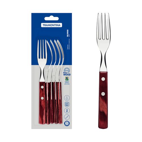 Set of 6 Table forks stainless steel  blades with red polywood handles