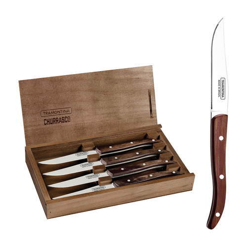Set of 4 steak knives, stainless steel blades, red polywood handles, wooden box, dishwasher safe