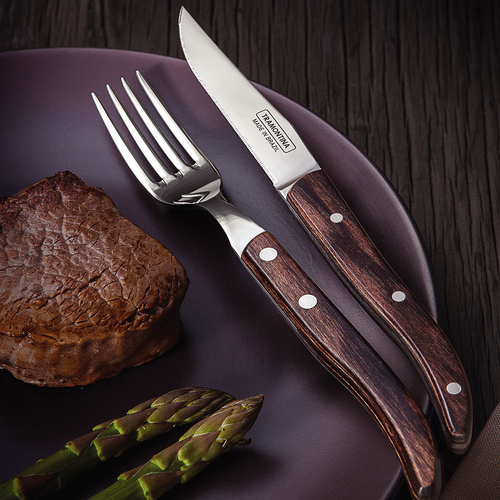 4-Piece BBQ cutlery set, stainless steel blades, polywood handles, wooden box, dishwasher safe