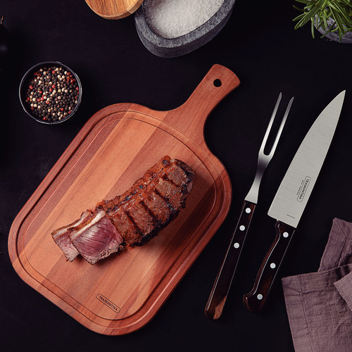 3-Piece BBQ Set, stainless steel blades, brown polywood handles, 44x30cm wooden board