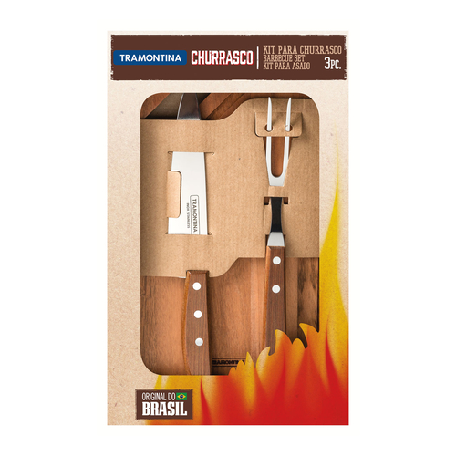 Kit churrasco 3 peças, aço inox, cabos madeira natural, com tábua madeira 34,5x21,5cm