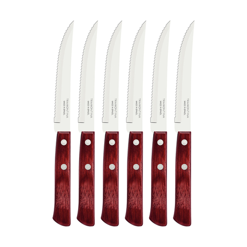 Set of 6 steak knives with stainless steel blades and red polywood handles