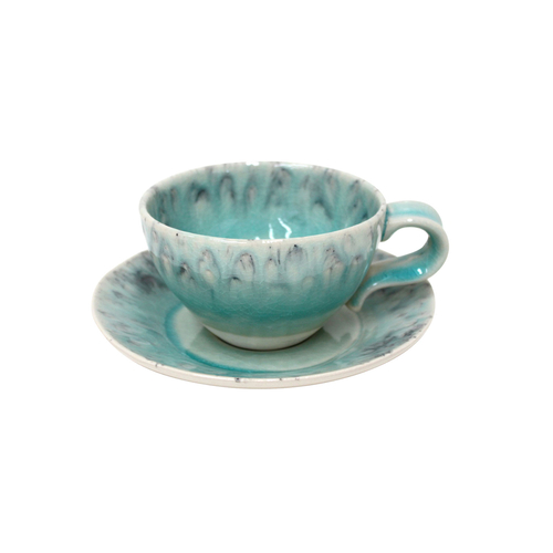 Chávena de chá e pires Madeira 250ml, grés azul com acabamento craquelado artesanal