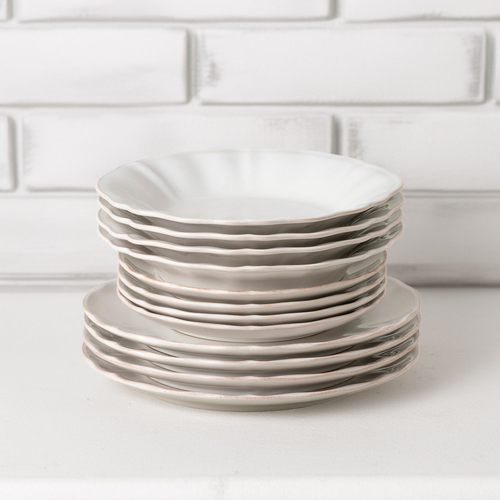 Serviço 12 Peças de mesa Alentejo, grés fino branco com rebordos ondulados pintados à mão