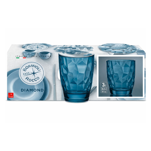 Set of 3 Diamond Blue Glasses 300 ml