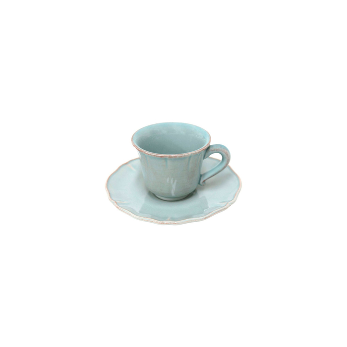 Chávena e Pires de Café Alentejo 90ml, grés turquesa com rebordos ondulados pintados à mão - Costa Nova - 5606739930608
