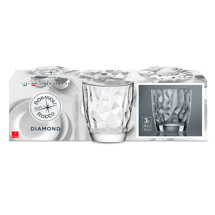 Conjunto 3 copos água 300 ml Diamond transparente - Bormioli - 8004360065015