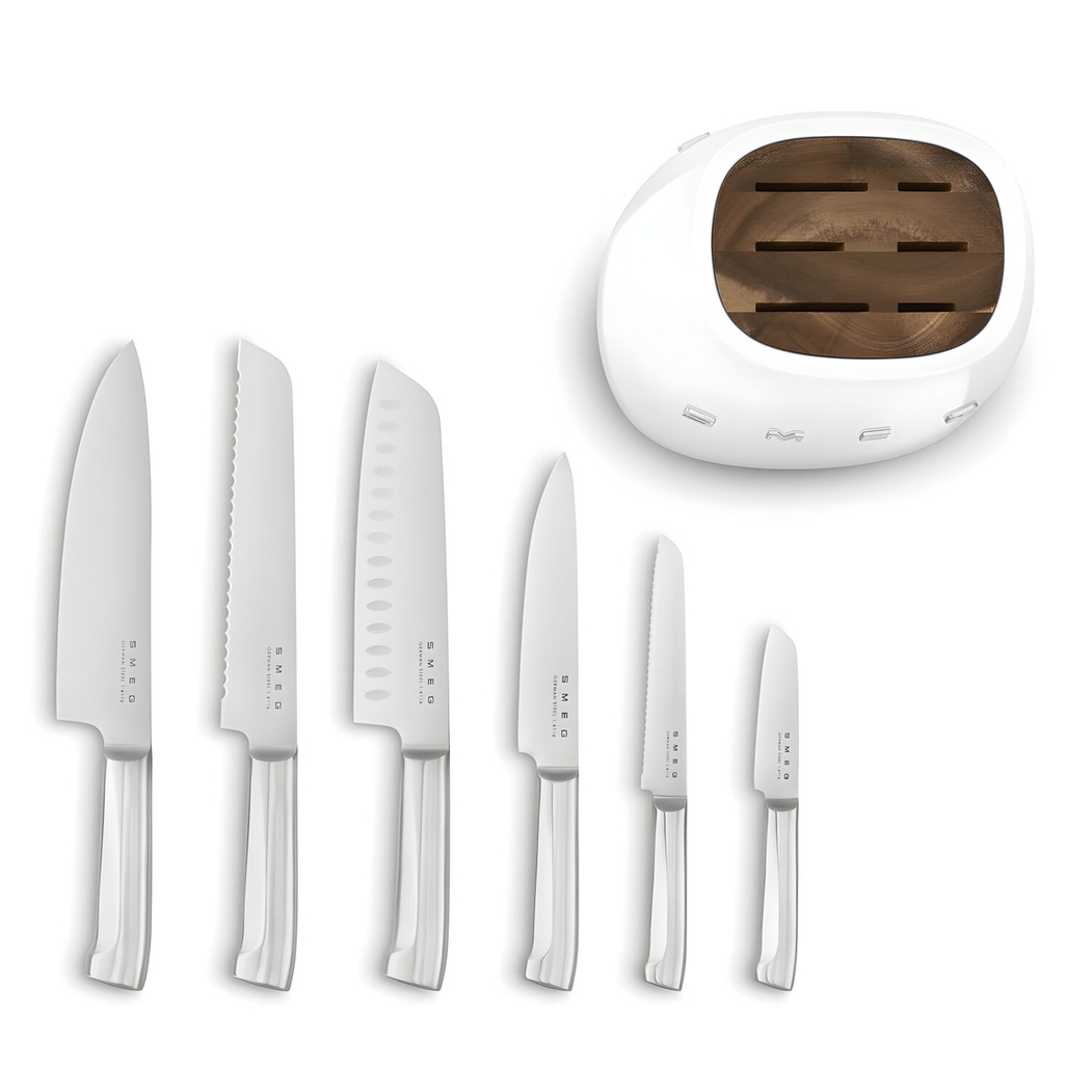Smeg Knife Block Set with 6 Knives Stainless Steel 23.2 cm White 50's Style - SMEG Portugal | Exclusive Design Kitchen Packs - 8017709350482
