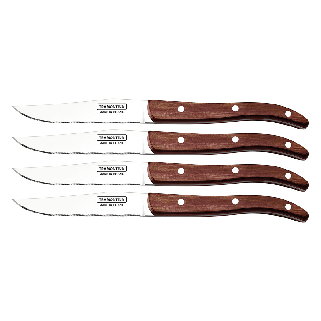 Set of 4 steak knives, stainless steel blades, red polywood handles, wooden box, dishwasher safe - Tramontina - 7891112246461