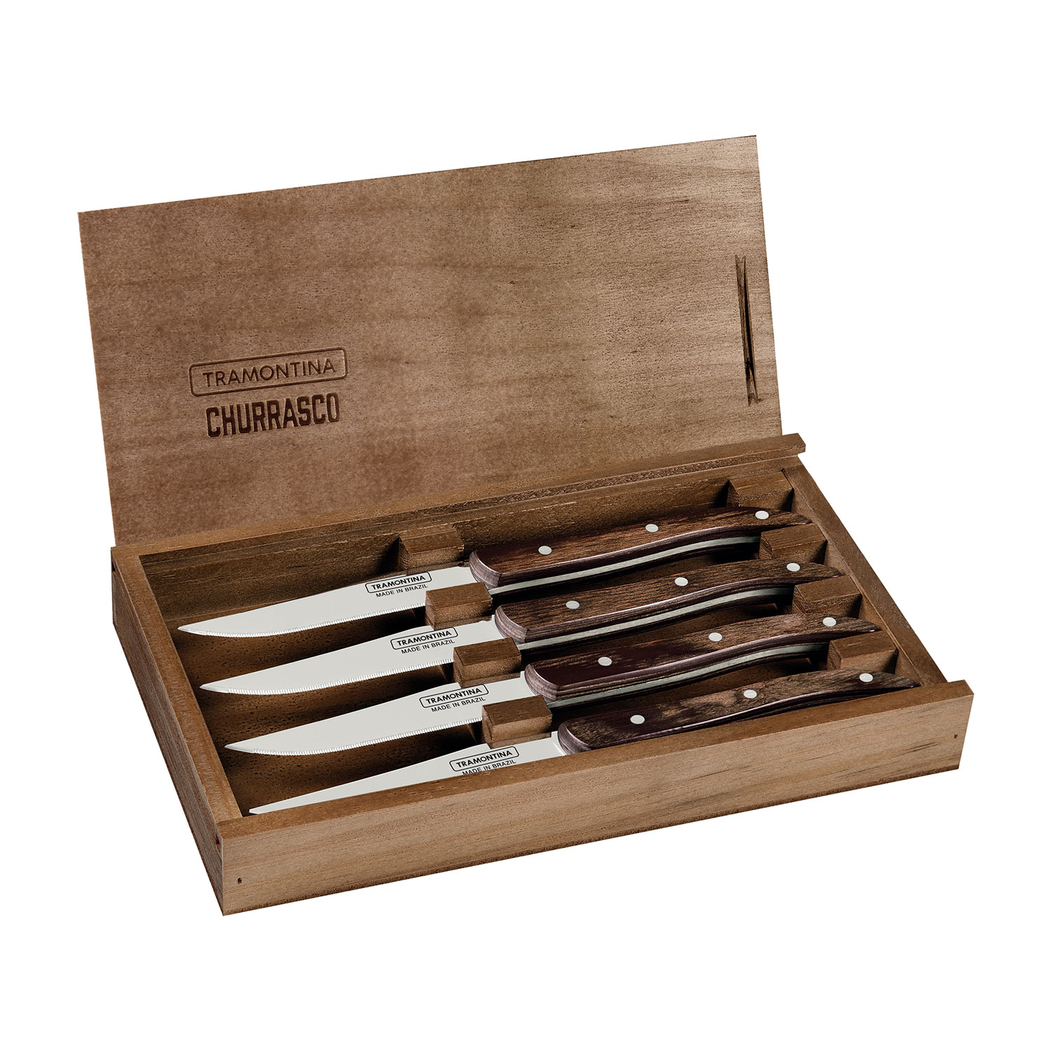 Set of 4 steak knives, stainless steel blades, red polywood handles, wooden box, dishwasher safe - Tramontina - 7891112246461