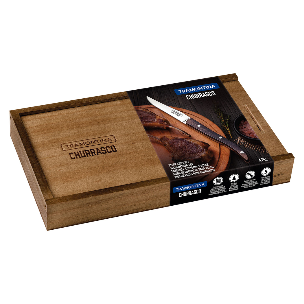 Set of 4 steak knives, stainless steel blades, red polywood handles, wooden box, dishwasher safe - Tramontina - 7891112246461