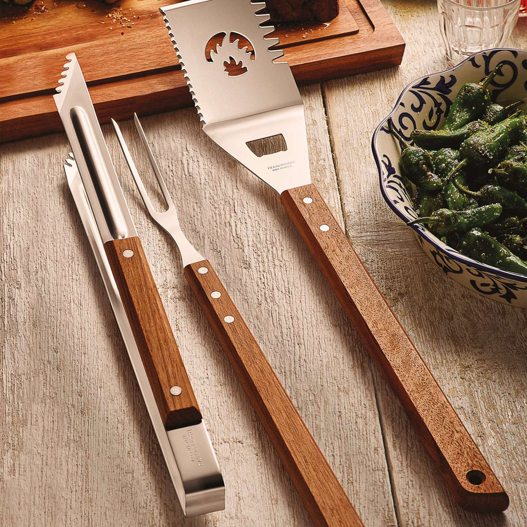 3-Piece BBQ tool set, stainless steel, wooden handles, rustic style - Tramontina - 7891112227903