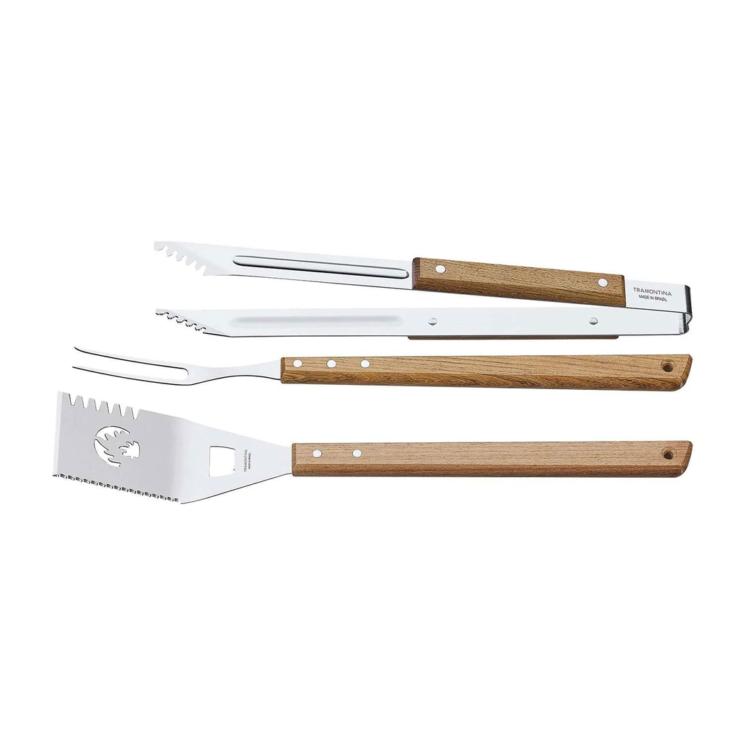 3-Piece BBQ tool set, stainless steel, wooden handles, rustic style - Tramontina - 7891112227903