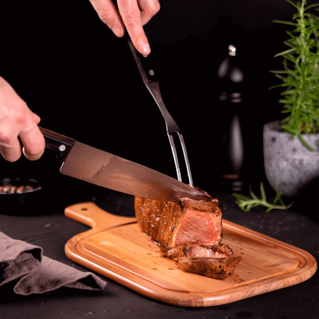 3-Piece BBQ Set, stainless steel blades, brown polywood handles, 44x30cm wooden board - Tramontina - 7891112189492