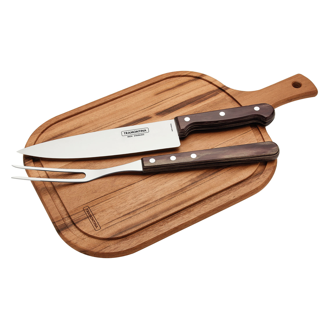 3-Piece BBQ Set, stainless steel blades, brown polywood handles, 44x30cm wooden board - Tramontina - 7891112189492