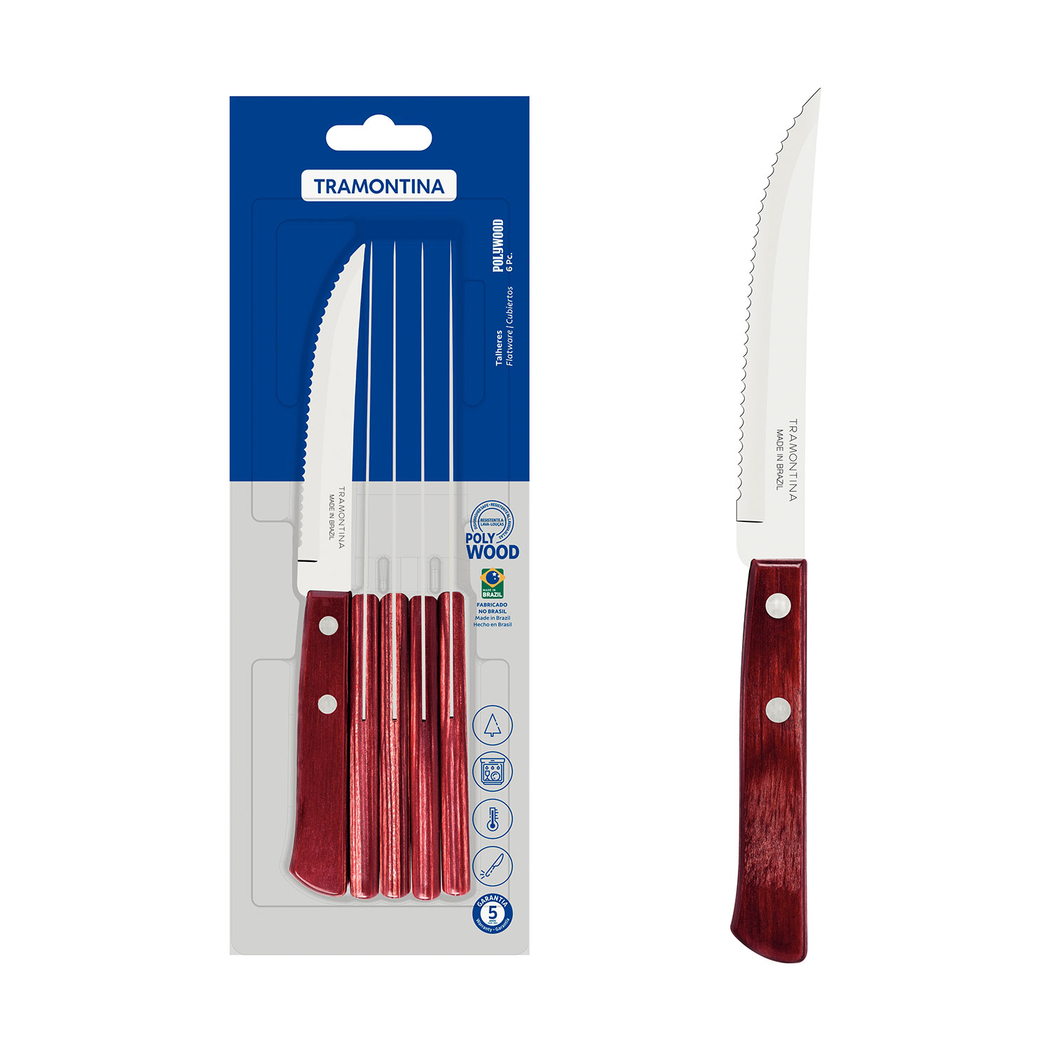 Set of 6 steak knives with stainless steel blades and red polywood handles - Tramontina - 7891112041479