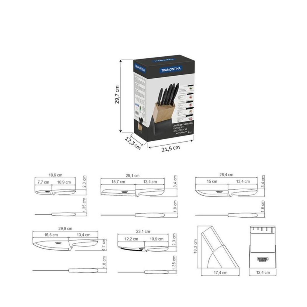 Tramontina Plenus 6 Piece Knife Set with Black Knife Block - Tramontina - 7891112326019