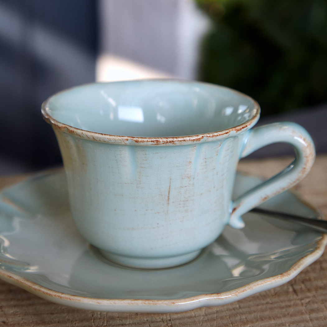 Chávena e Pires de Café Alentejo 90ml, grés turquesa com rebordos ondulados pintados à mão - Costa Nova - 5606739930608