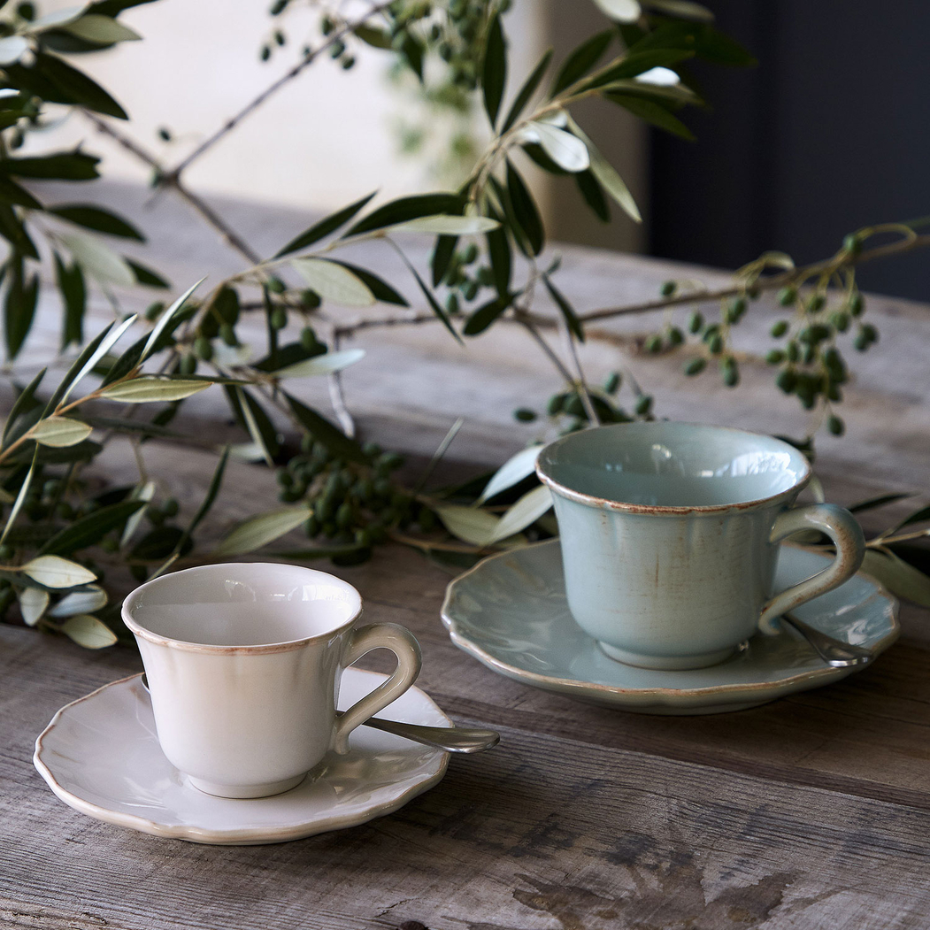 Alentejo tea cup and saucer 220ml, turquoise stoneware with hand-painted wavy rims - Costa Nova - 5606739930585